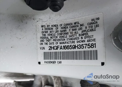 2009 Honda Civic Lx-S z USA, uszkodzony, nr VIN 2HGFA16659H357581